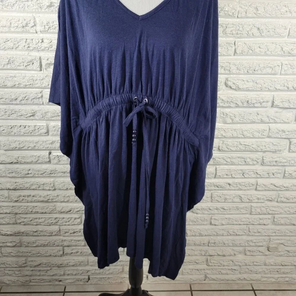 Swim 365 1X Womens Blue Kimono Sleeve Swimsuit Coverup Cotton Drawstring BLU19E